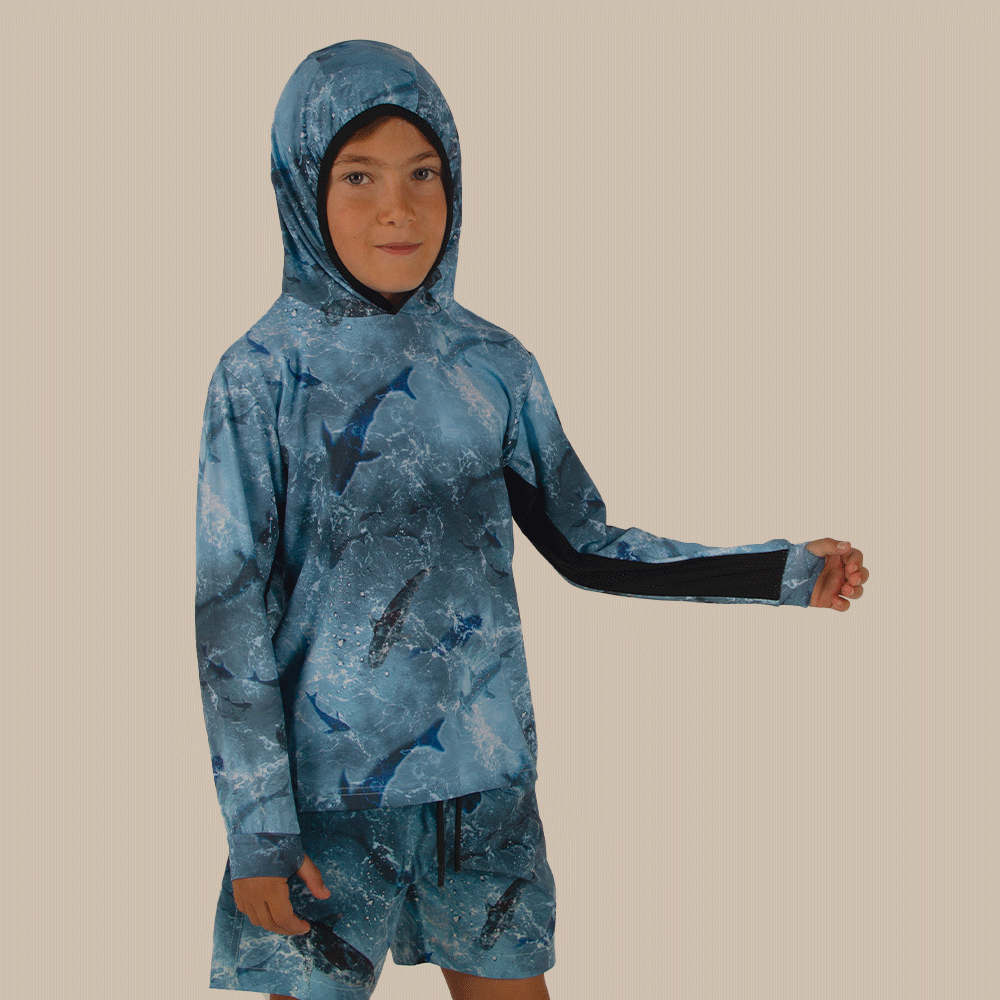 Atlan Junior Hooded Long Sleeve Fisherman Sailor Shark Patterned Blue UV Protected Shirt