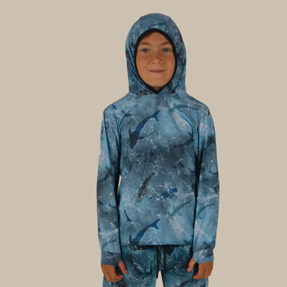 Atlan Junior Hooded Long Sleeve Fisherman Sailor Shark Patterned Blue UV Protected Shirt