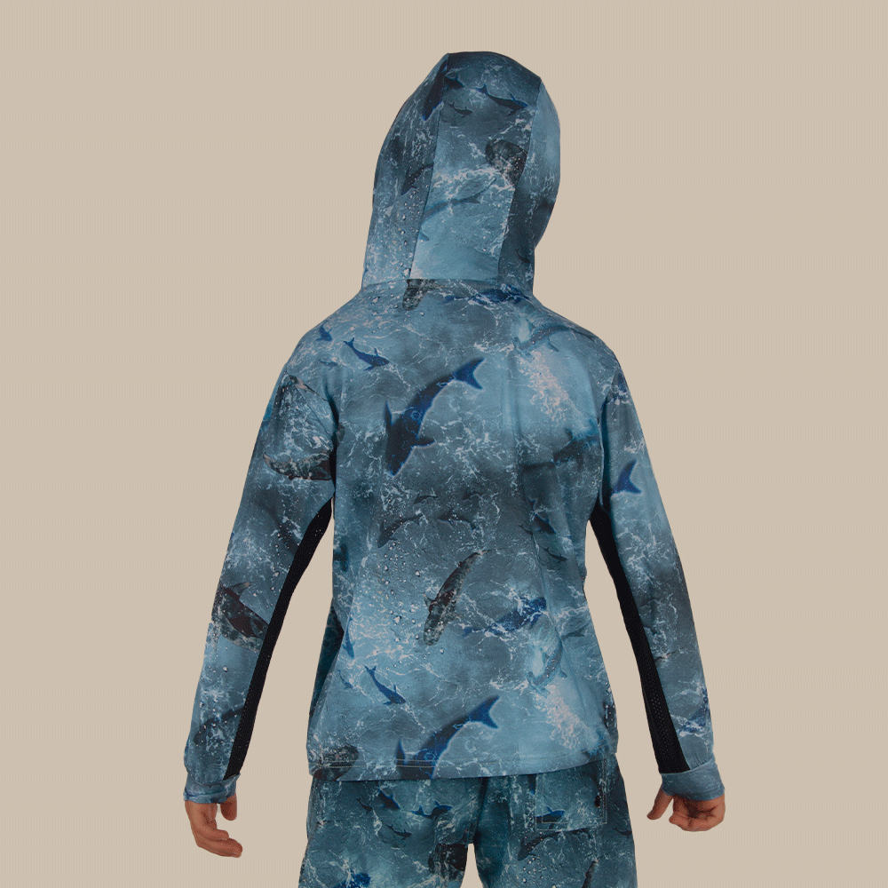 Atlan Junior Hooded Long Sleeve Fisherman Sailor Shark Patterned Blue UV Protected Shirt