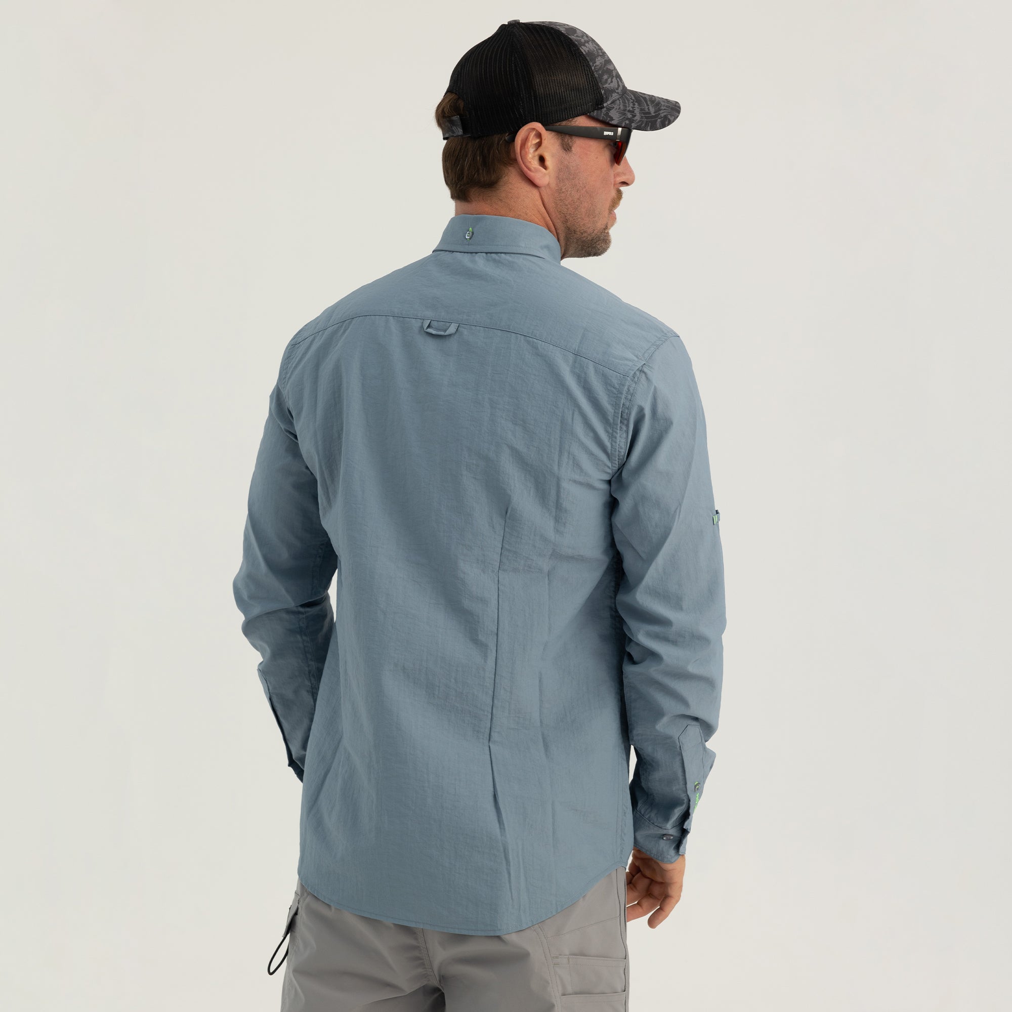 Eclipse Men's Long Sleeve Perforated Fisherman Sailor Grey Button-Up Shirt