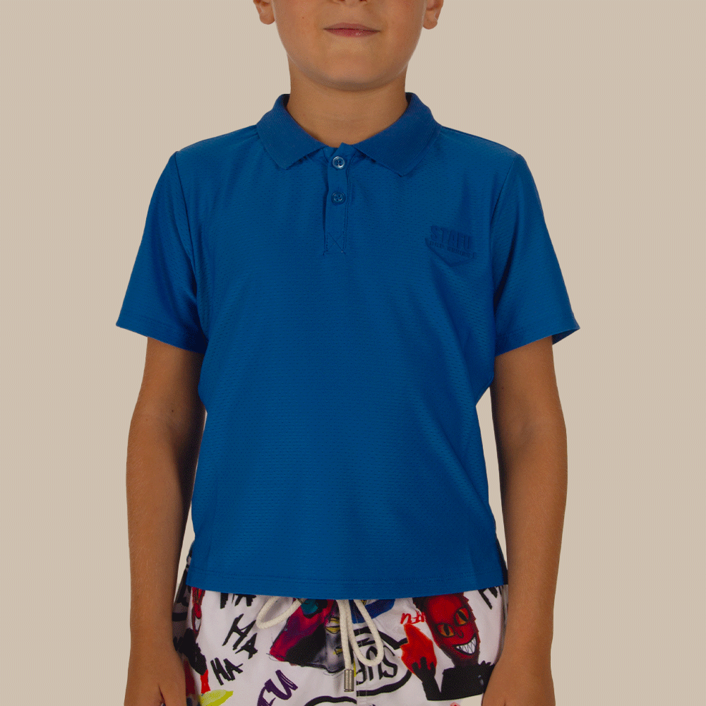 League Air Junior Perforated Short Sleeve Fisherman Sailor Blue UV Protected Polo Shirt