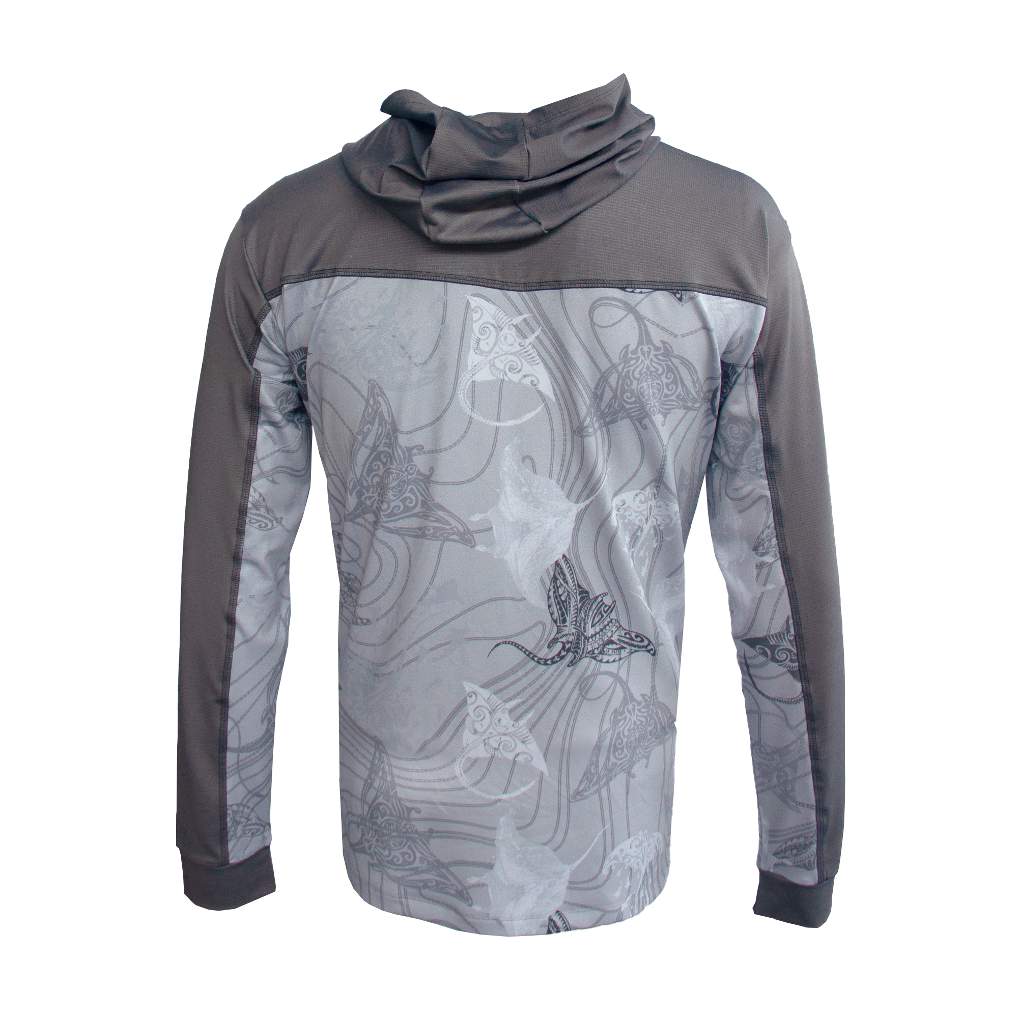 Outrigger Men's Hooded Long Sleeve Fisherman Sailor Manta Patterned Grey UV Protected Shirt