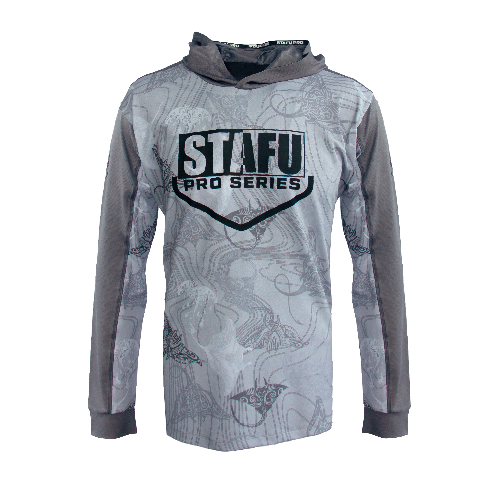 Outrigger Men's Hooded Long Sleeve Fisherman Sailor Manta Patterned Grey UV Protected Shirt