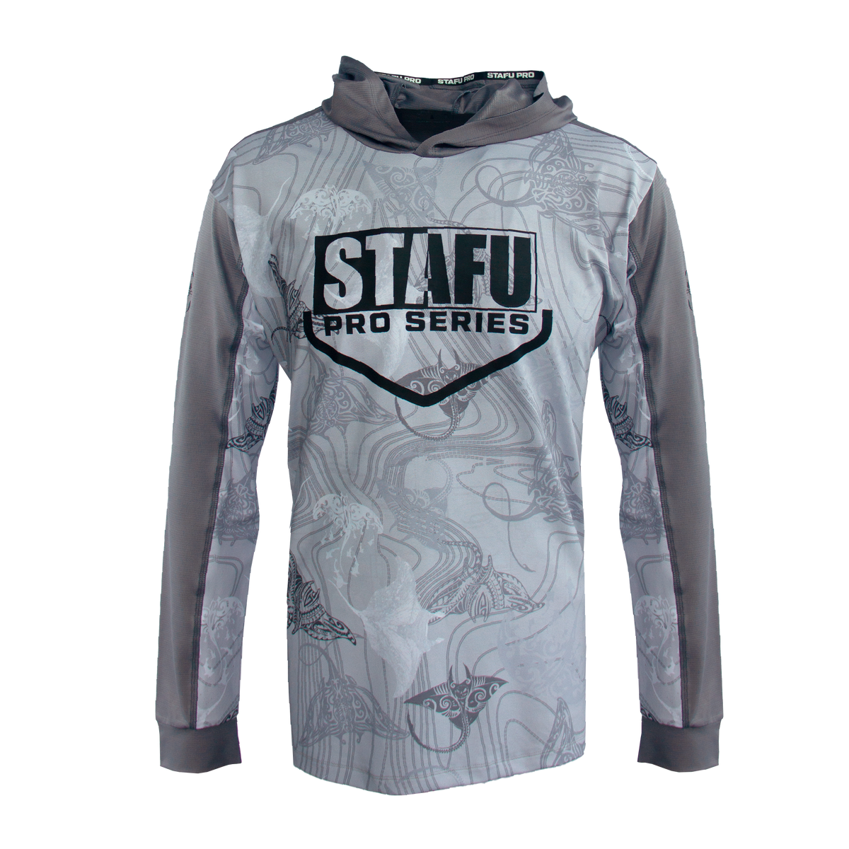 Outrigger Men's Hooded Long Sleeve Fisherman Sailor Manta Patterned Grey UV Protected Shirt