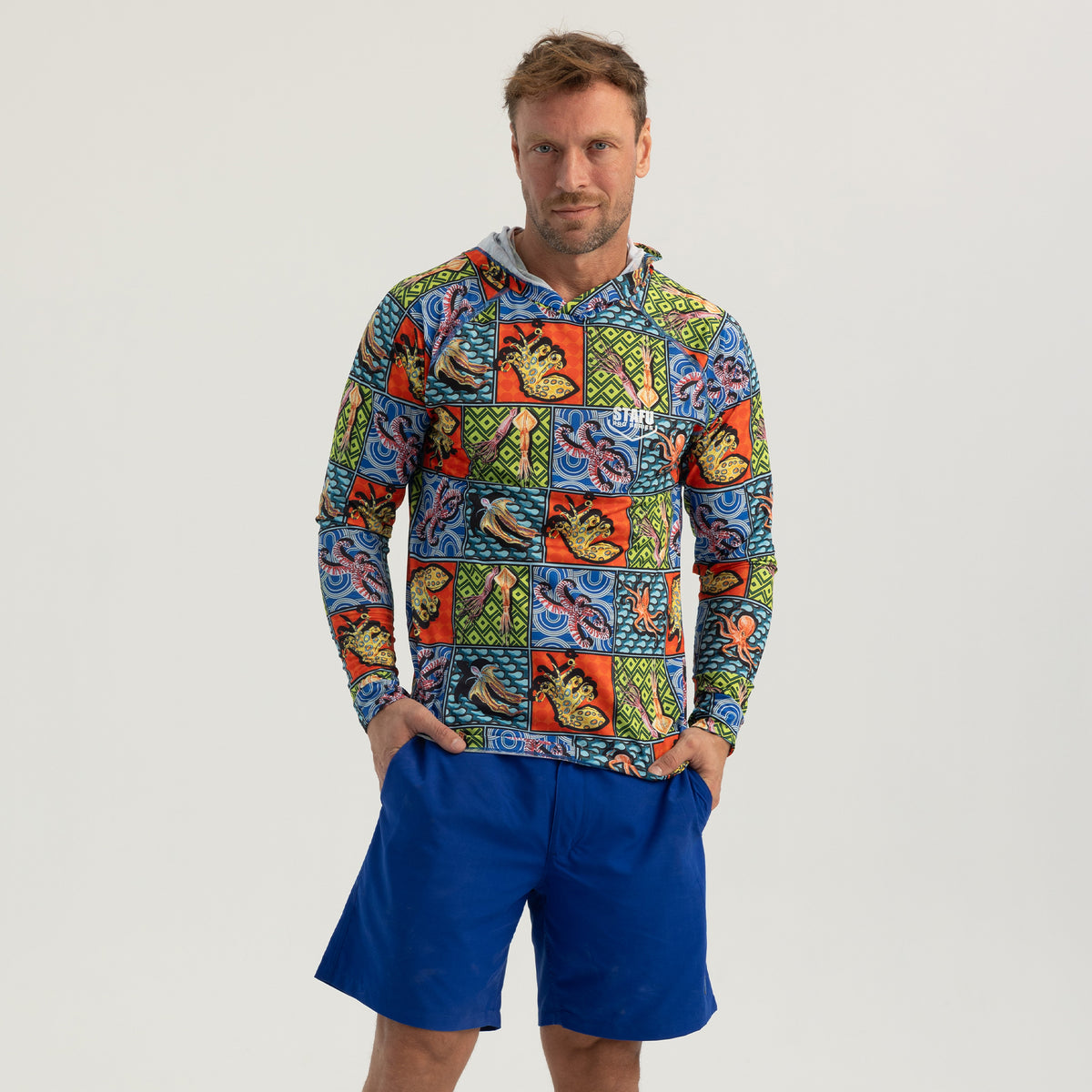 Tasman Erkek Kapüşonlu Uzun Kollu Balıkçı ve Denizci Ahtapot Desenli Renkli UV Korumalı T-Shirt